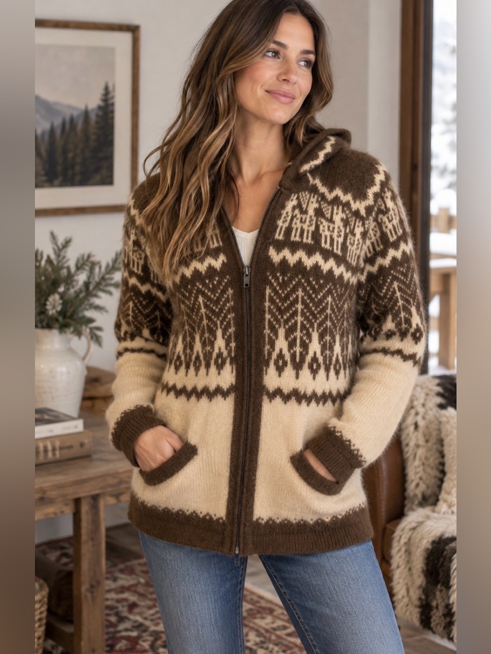 Andean Style Llama Hooded Zip Sweater Cardigan Brown Cream Folk Knit